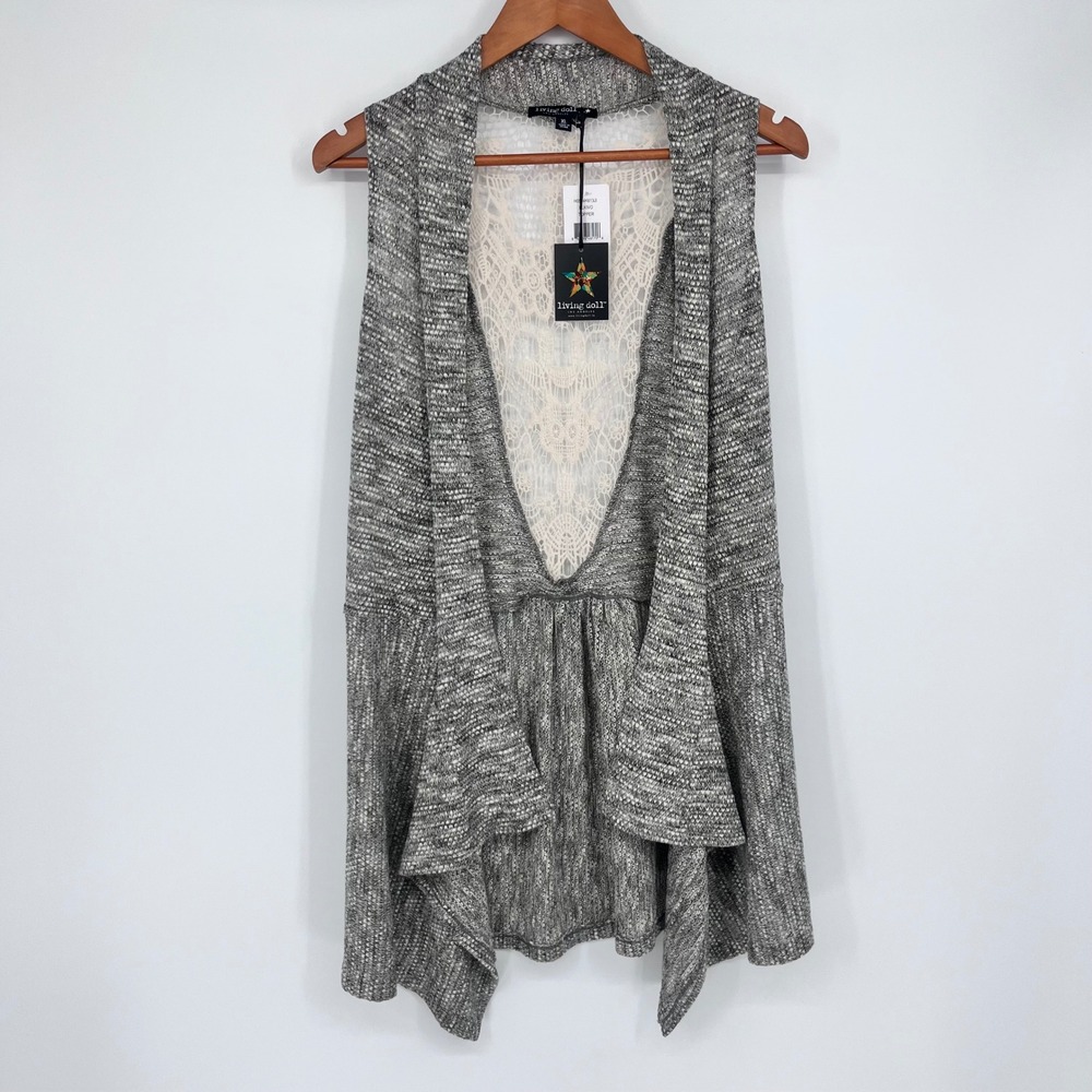 Living Doll Topper Vest Women XL Grey‎ Space Dye Crochet Lace Back Peplum Boho